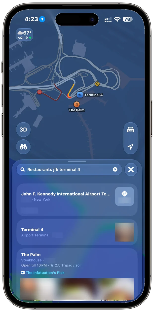 Apple Maps on an iPhone searching restaurants jfk terminal 4: the first results are the airport and Terminal 4 itself, then The Palm steakhouse; the map shows road outlines around the terminal and a single restaurant pin