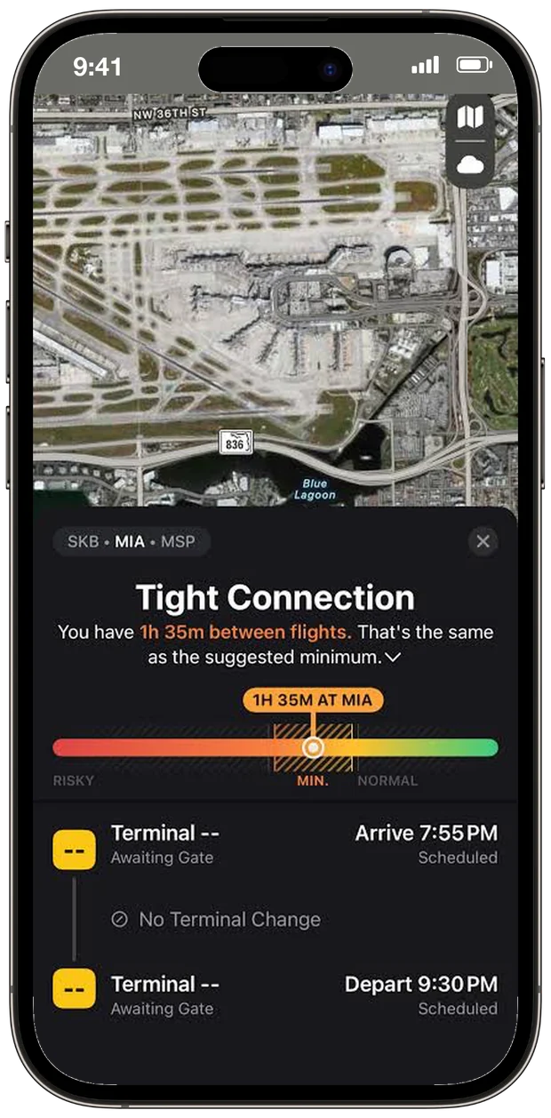 Flighty on an iPhone showing a Tight Connection at Miami (MIA): 1 hour 35 minutes between flights, the same as the suggested minimum, on a scale from risky to normal, with both gates still awaiting assignment