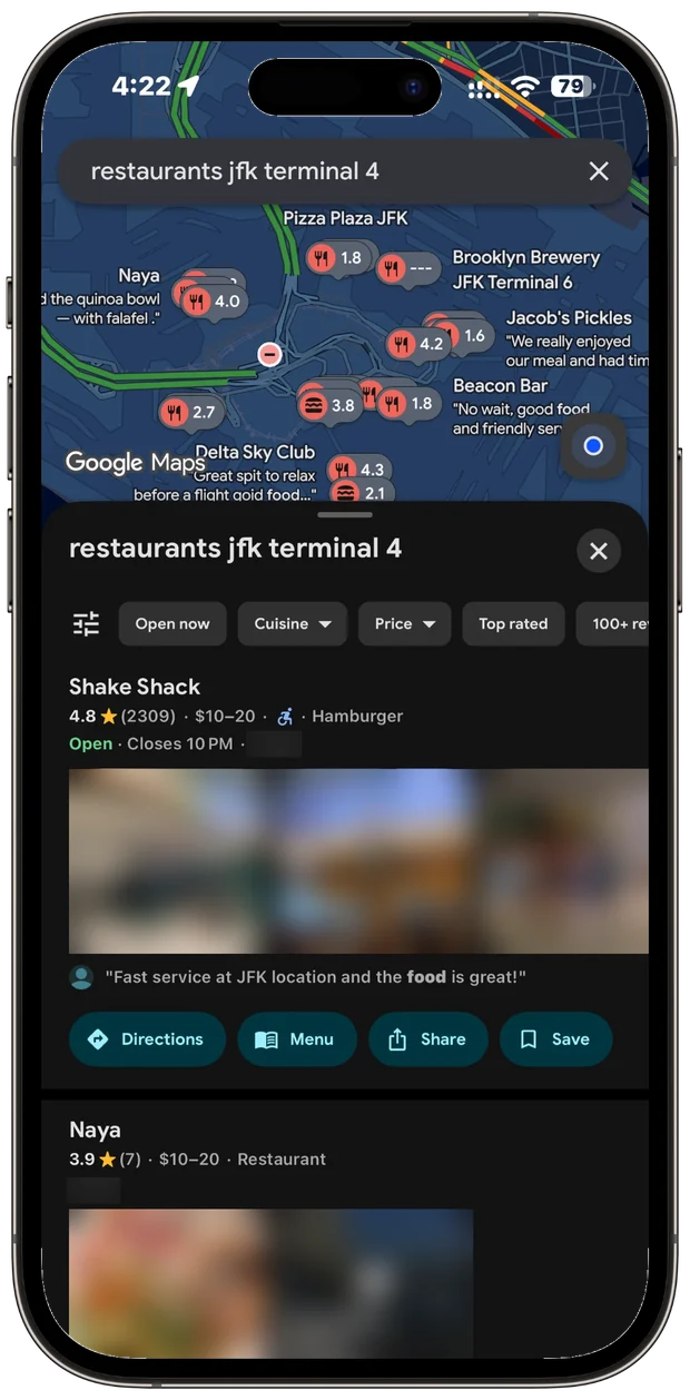 Google Maps on an iPhone searching restaurants jfk terminal 4: the map shows pins including Brooklyn Brewery JFK Terminal 6 and a Delta Sky Club, and the top result is Shake Shack, 4.8 stars, open until 10 PM