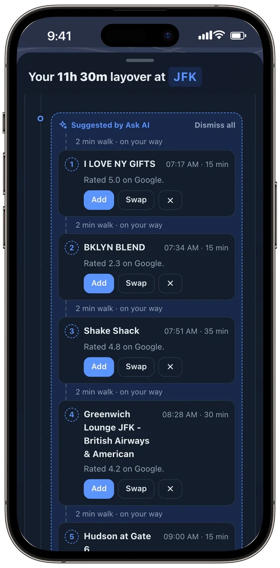 Ask AI suggesting I Love NY Gifts, BKLYN Blend and Shake Shack on the way to the gate