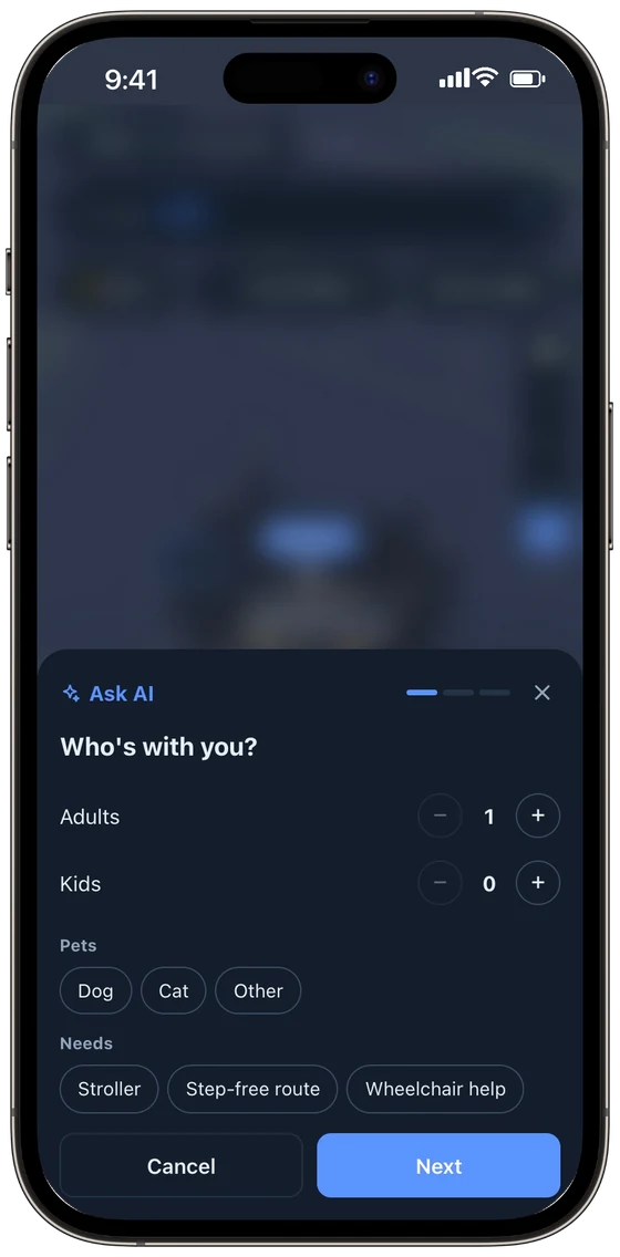 Ask AI asking who's traveling: adults, kids, pets and needs