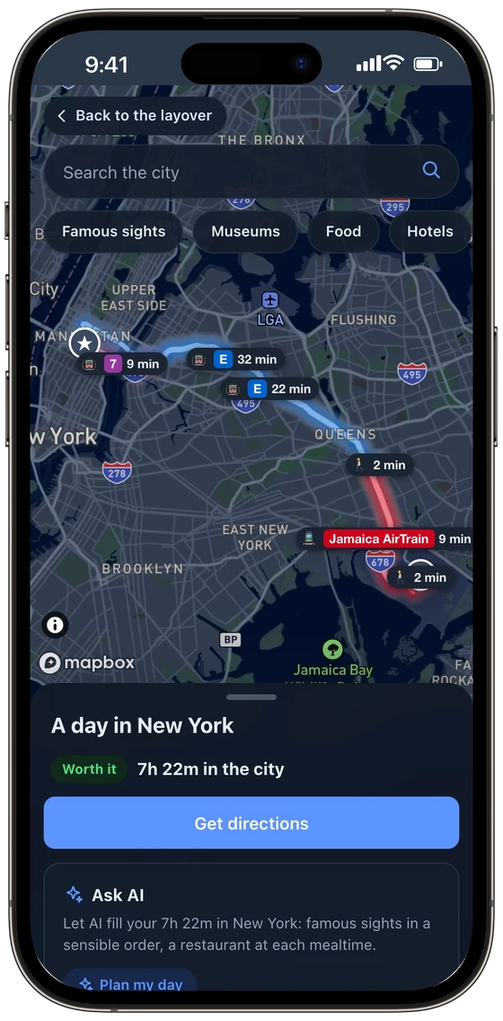A day in New York on the map, with transit lines and stops
