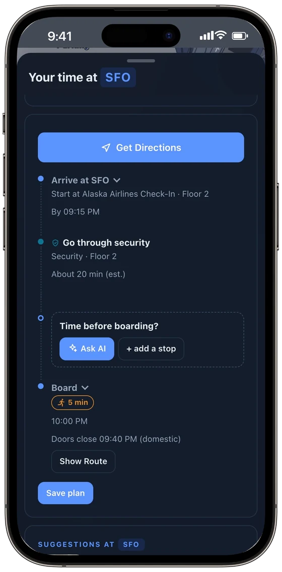 LYVR departure plan at SFO: arrive, go through security, time before boarding, board