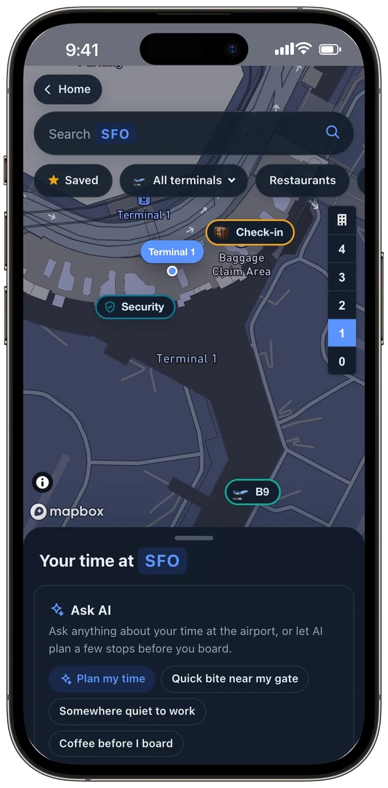LYVR indoor map of SFO Terminal 1 with check-in, security and gate B9