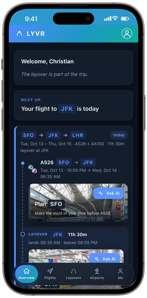LYVR home screen showing an SFO to JFK to LHR trip with an 11h 30m layover