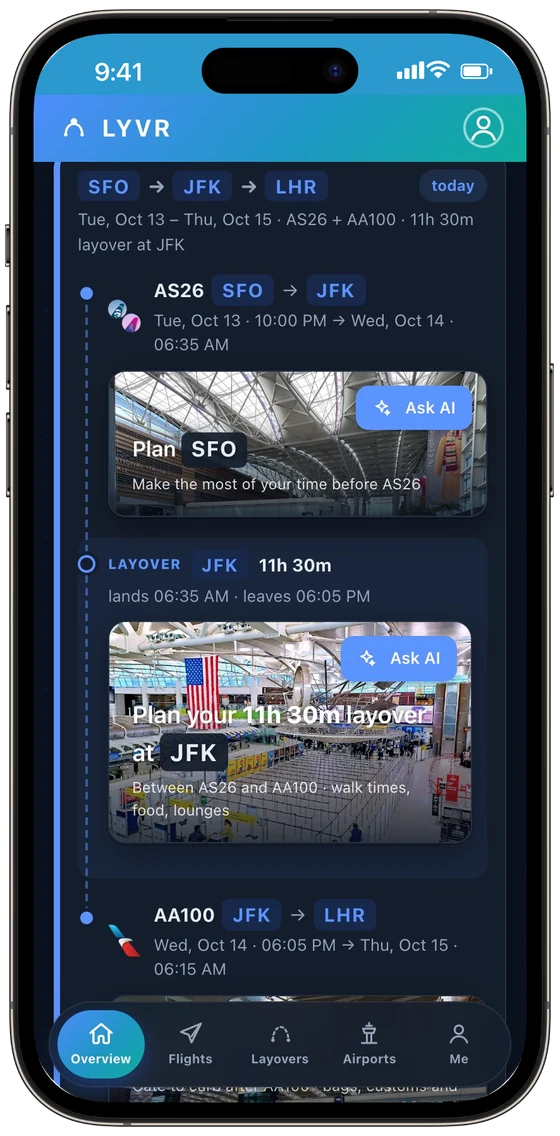A saved trip on the LYVR home screen, with the JFK layover found automatically