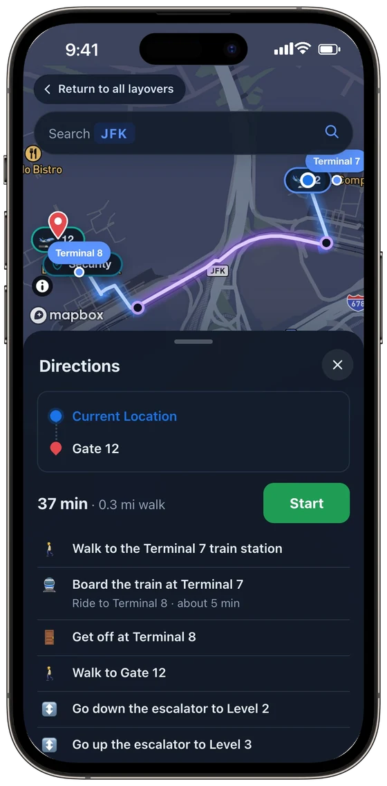 LYVR directions at JFK from Terminal 7 to Gate 12 in Terminal 8: 37 minutes, walk to the train station, ride to Terminal 8, then escalators to Level 3