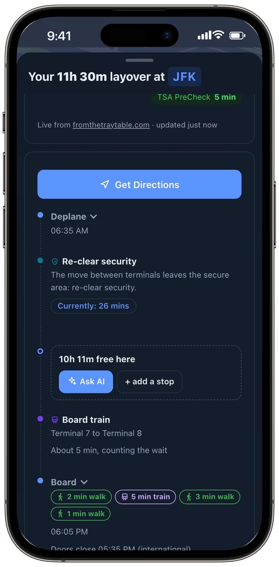 A LYVR layover plan: deplane, re-clear security with a live wait, free time with Ask AI, the train between terminals, then board