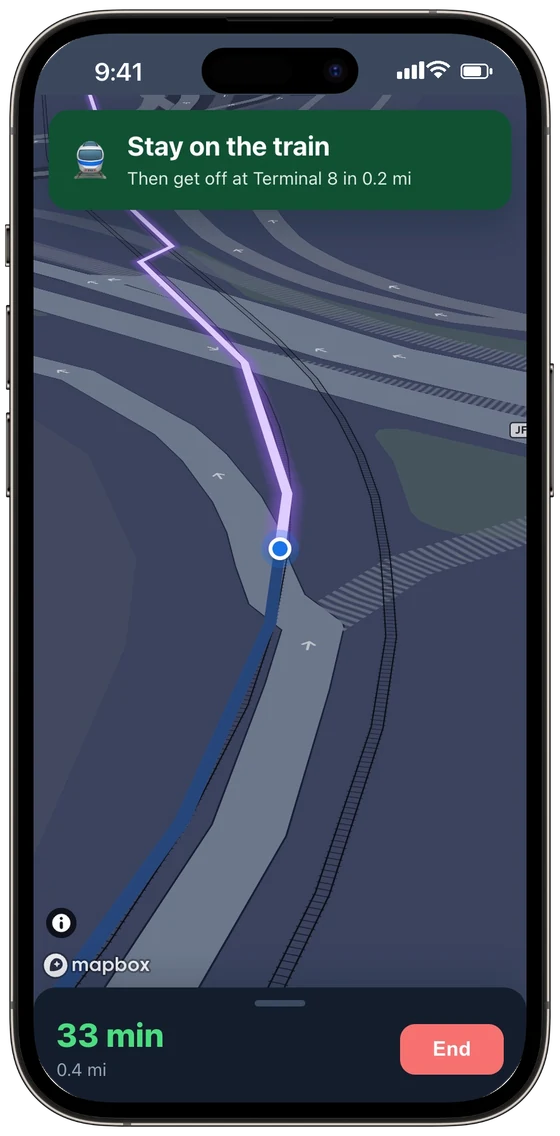 Turn-by-turn directions inside a terminal: stay on the train, get off at the next terminal