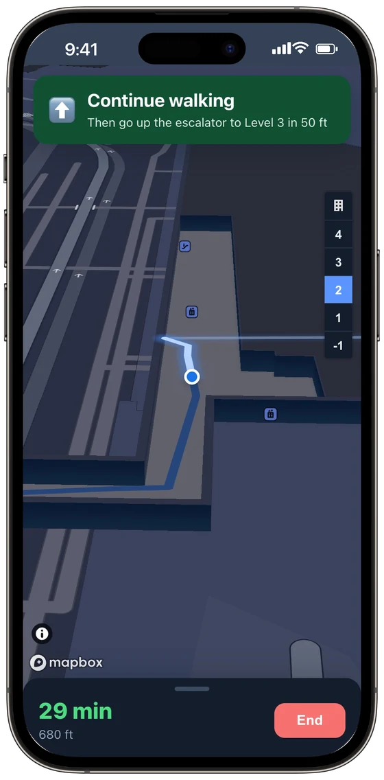 Turn-by-turn: continue walking, then go up the escalator to Level 3