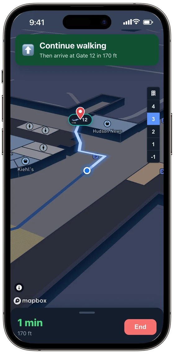 Turn-by-turn: Gate 12 is 170 feet ahead