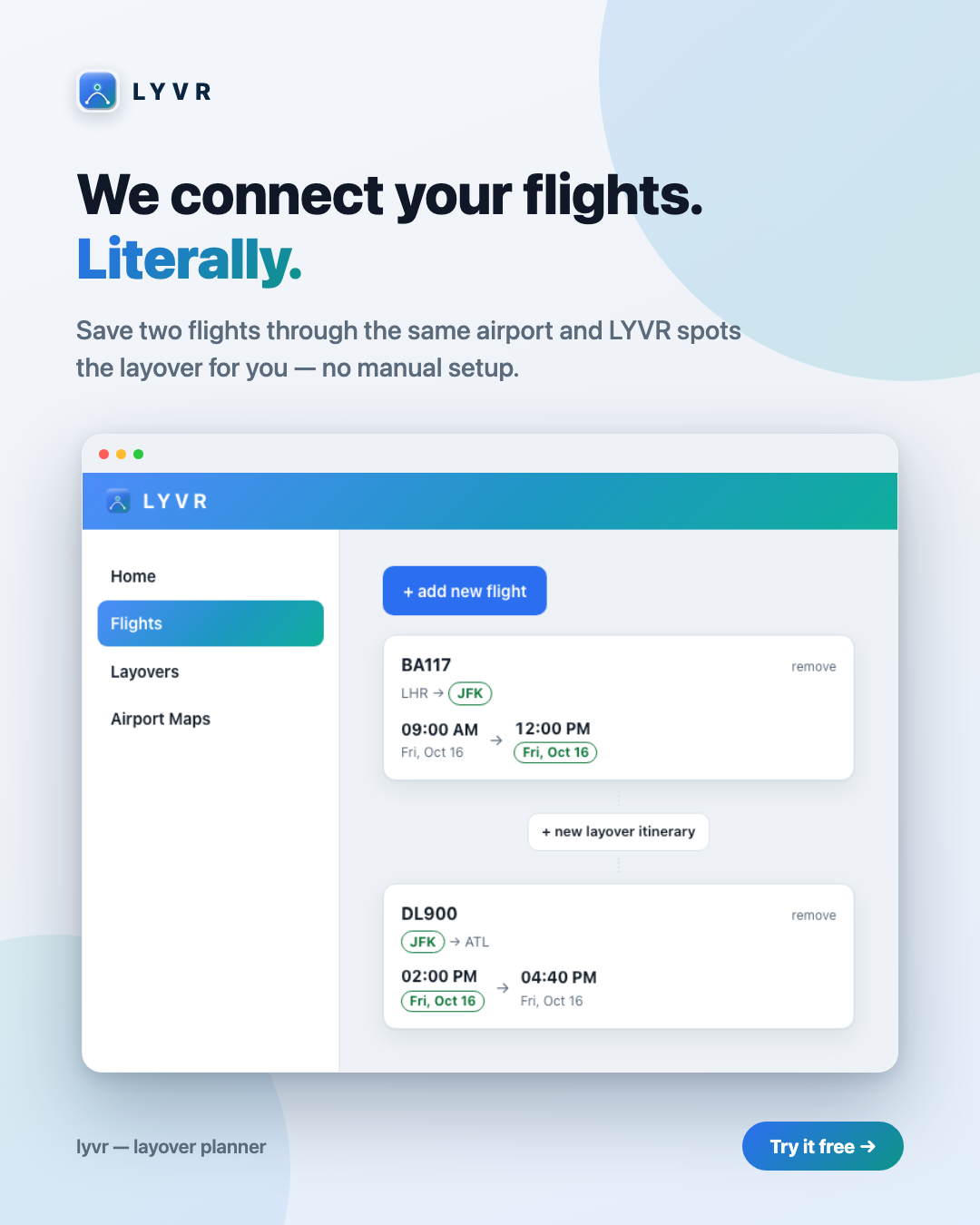 LYVR flights screen showing two connecting flights and a layover itinerary