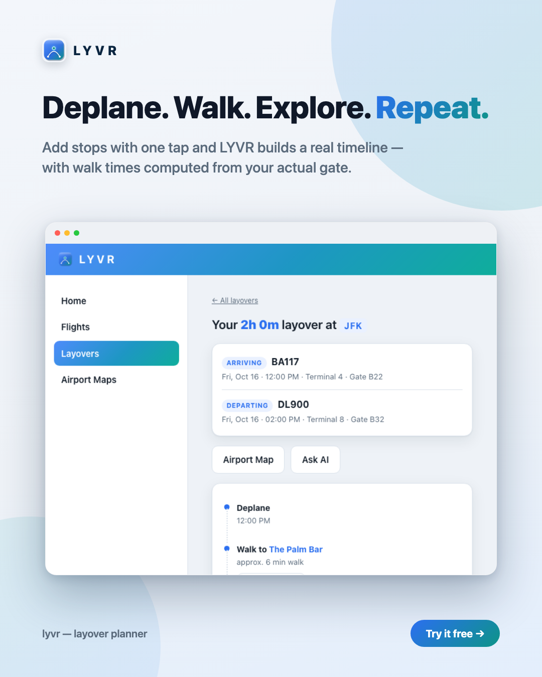 LYVR layover itinerary with real walk times between stops